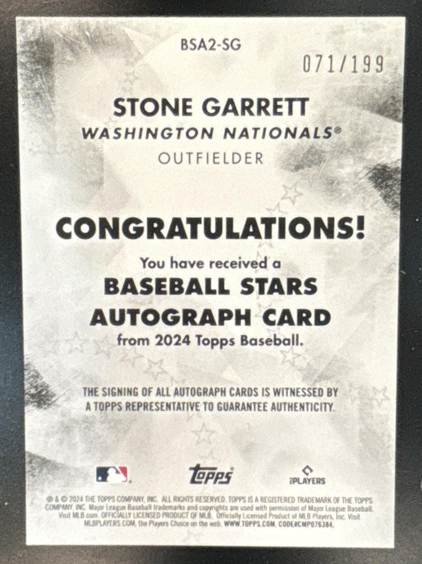 2024 Topps Stone Garrett Baseball Stars Auto Series Two Black /199 Nationals - Sports Cards