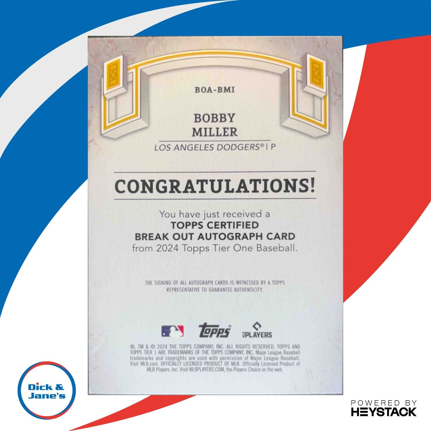 2024 Topps Tier One Bobby Miller Break Out Auto Blue Foil 75/99 LA Dodgers - Sports Cards