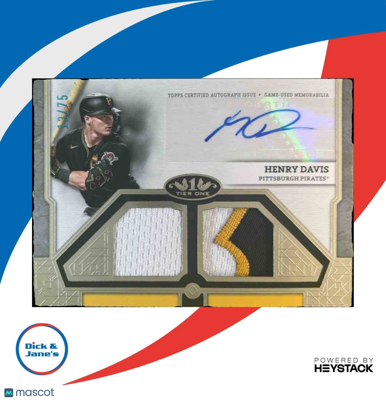 2024 Topps Tier One Henry Davis Auto Dual Relics /75 MEM RC Pittsburgh Pirates - Sports Cards