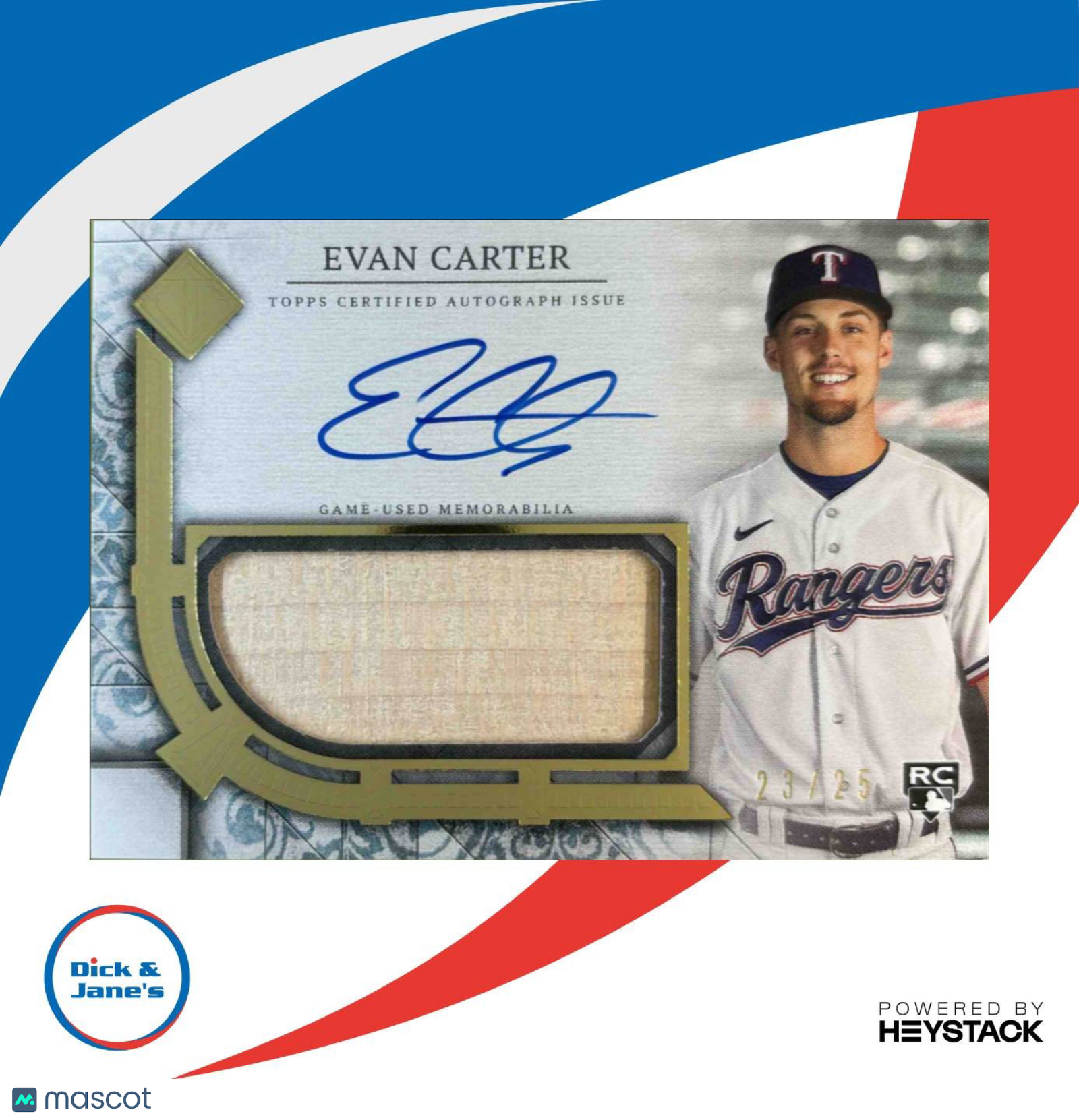 2024 Topps Transcendent Collection Evan Carter Auto Relics /25 RC Texas Rangers - Sports Cards