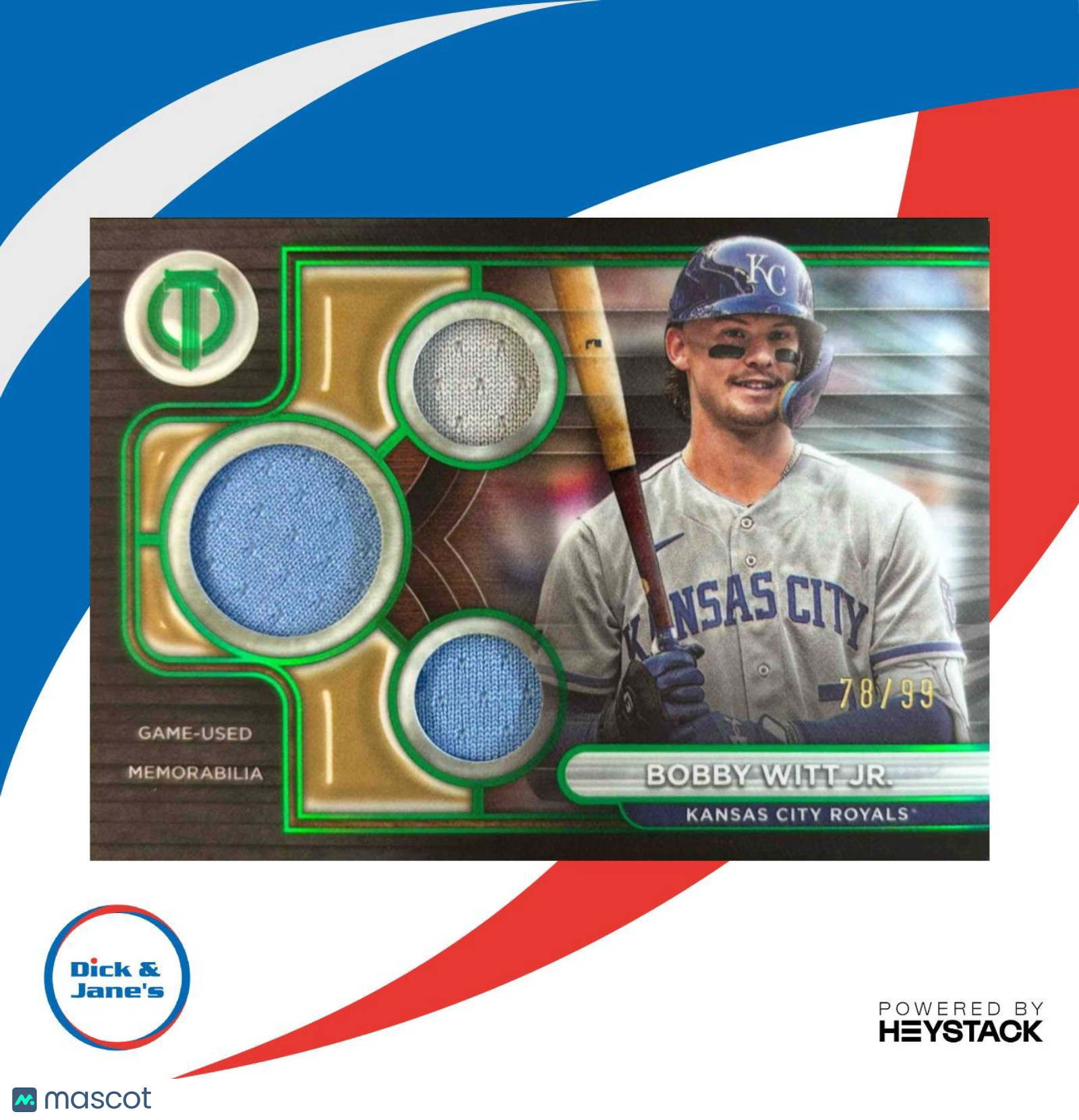 2024 Topps Tribute Bobby Witt Jr. Triple Relics Green 78/99 Kansas City Royals - Sports Cards