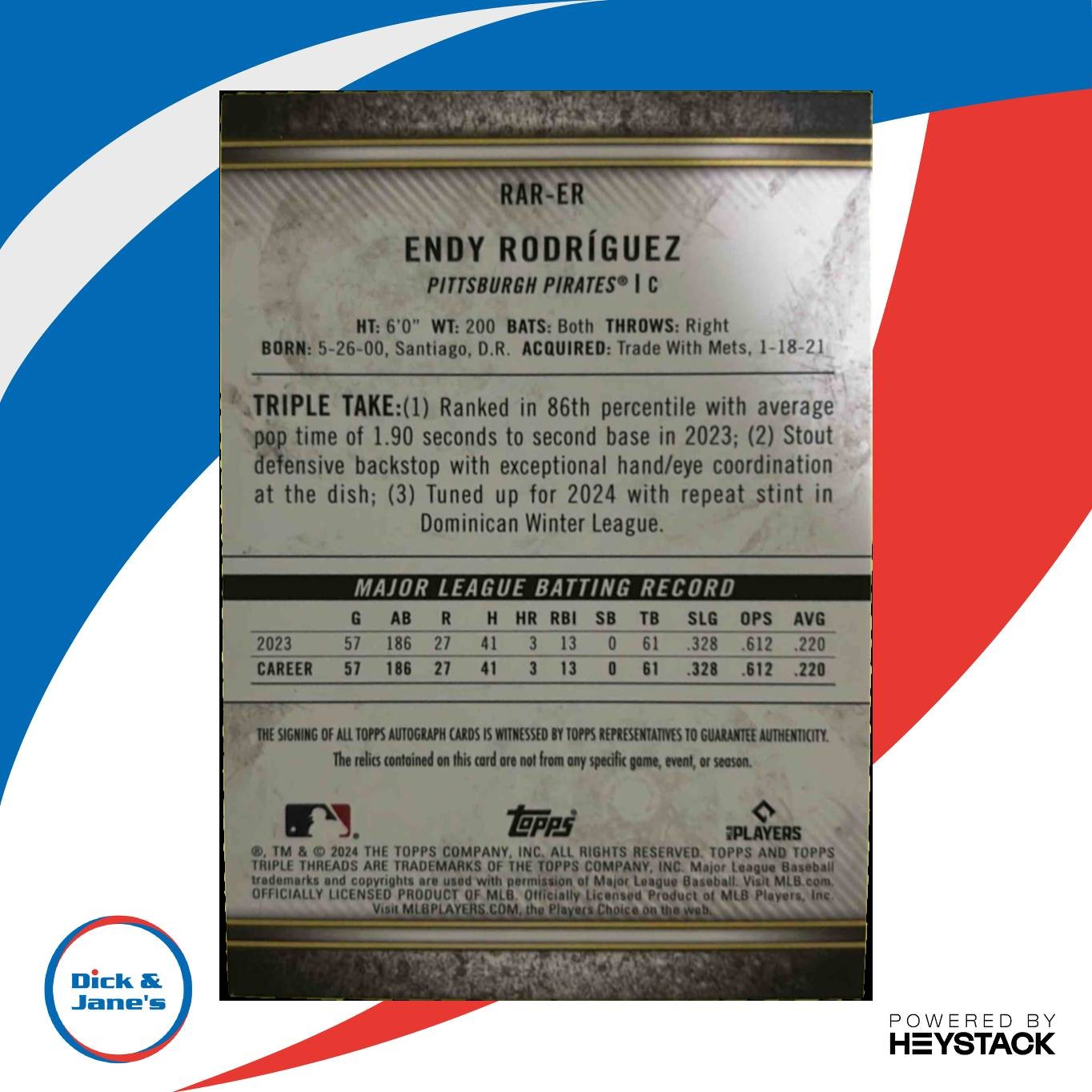 2024 Topps Triple Threads Endy Rodriguez Rookie Auto Relics 10/99 Pittsburgh - Sports Cards