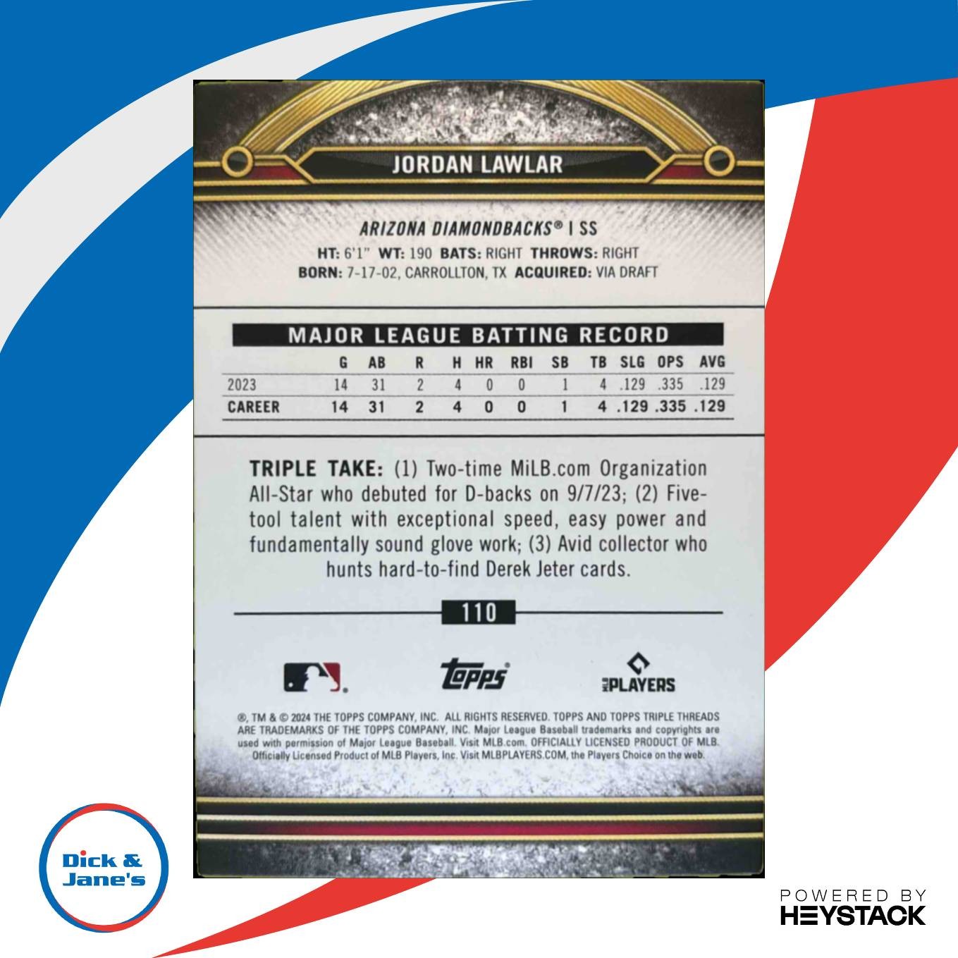 2024 Topps Triple Threads Jordan Lawlar Gold 14/99 #110 RC Arizona Diamondbacks - Sports Cards