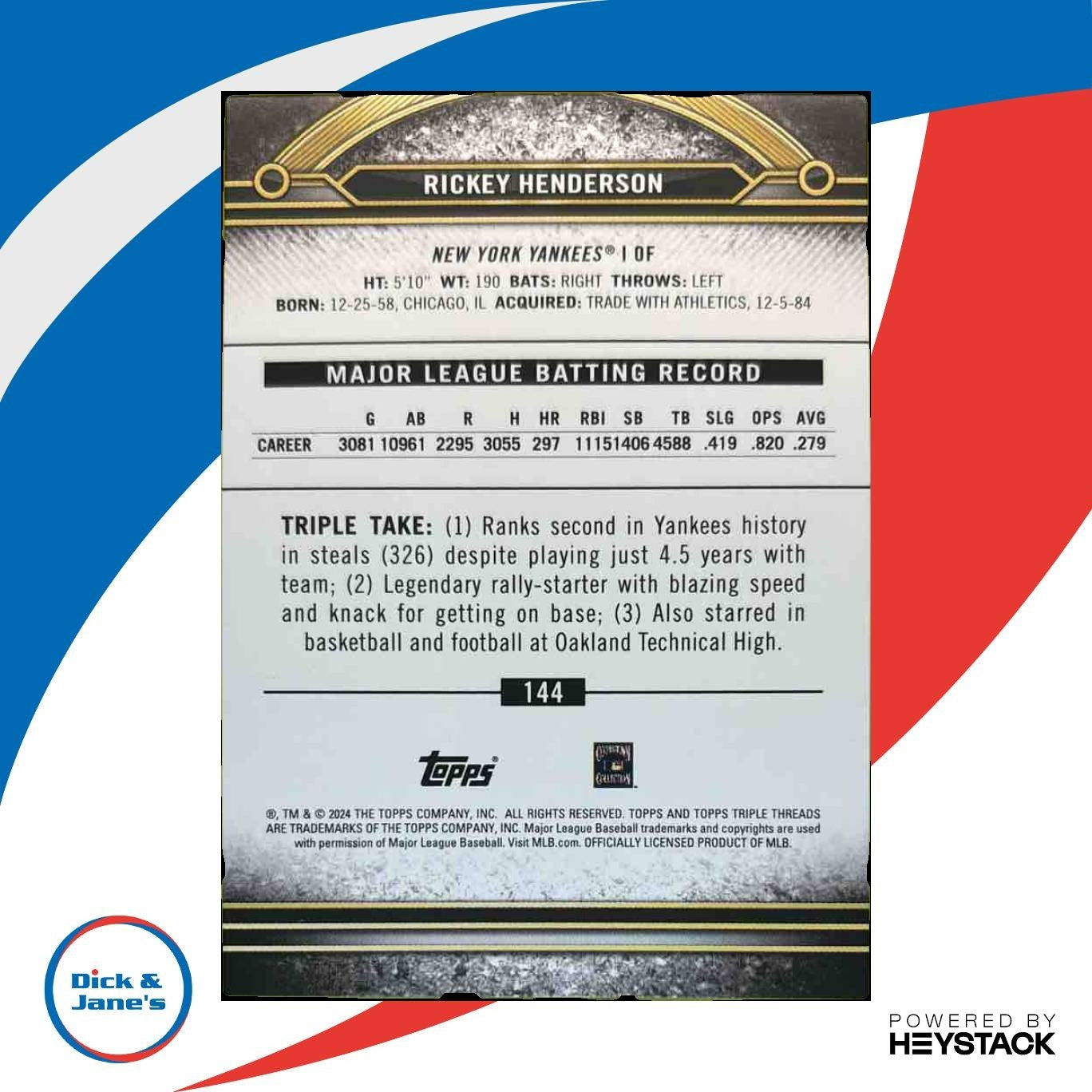 2024 Topps Triple Threads Rickey Henderson Citrine 65/75 #144 New York Yankees - Sports Cards