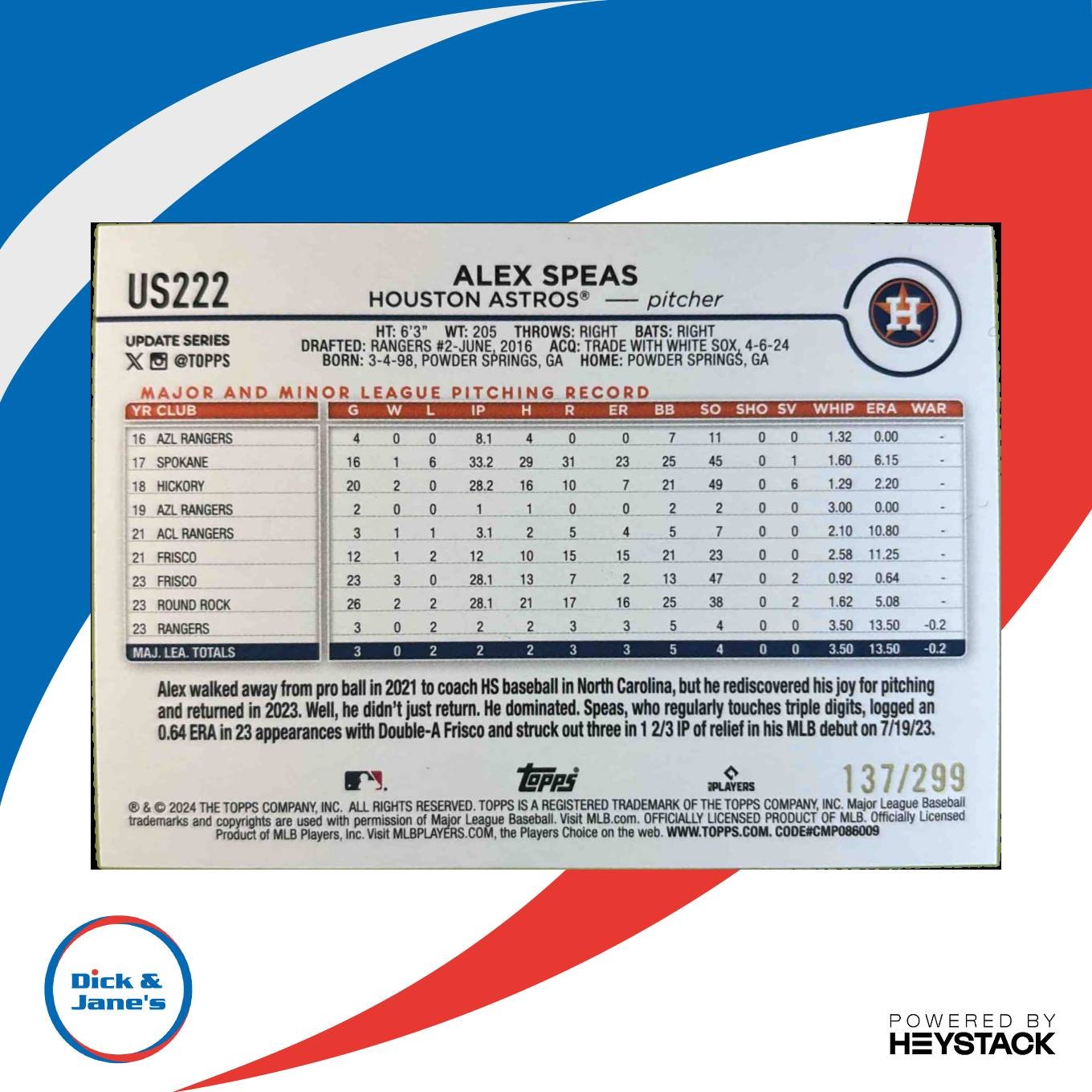 2024 Topps Update Alex Speas Orange Crackle Foilboard 137/299 RC Houston Astros - Sports Cards