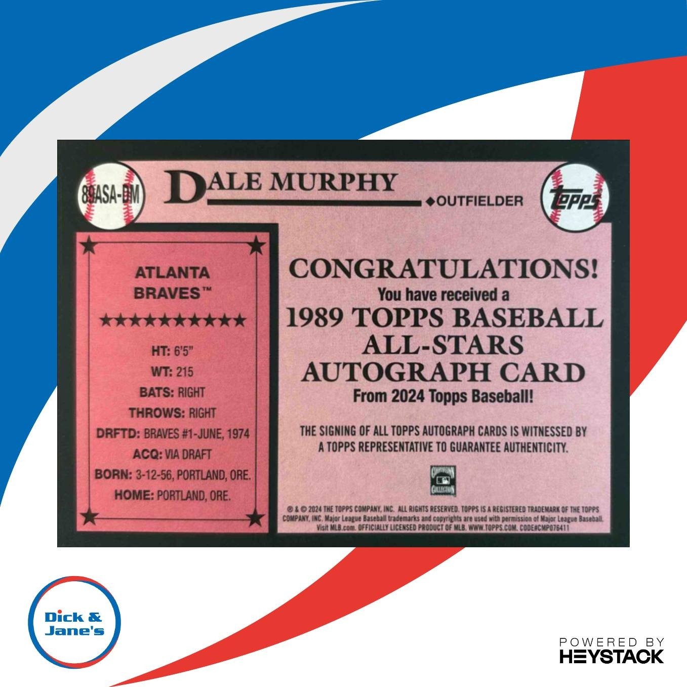 2024 Topps Update Dale Murphy 1989 Baseball All Star Auto #89ASA-DM Braves - Sports Cards