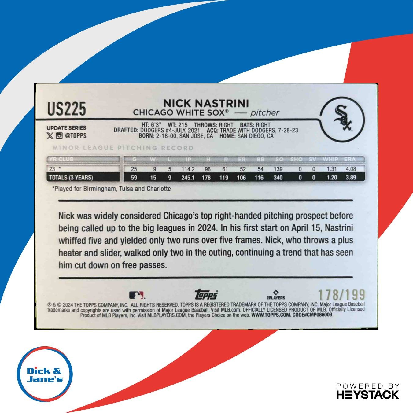 2024 Topps Update Nick Nastrini Red Crackle Foilboard /199 #US225 RC White Sox - Sports Cards