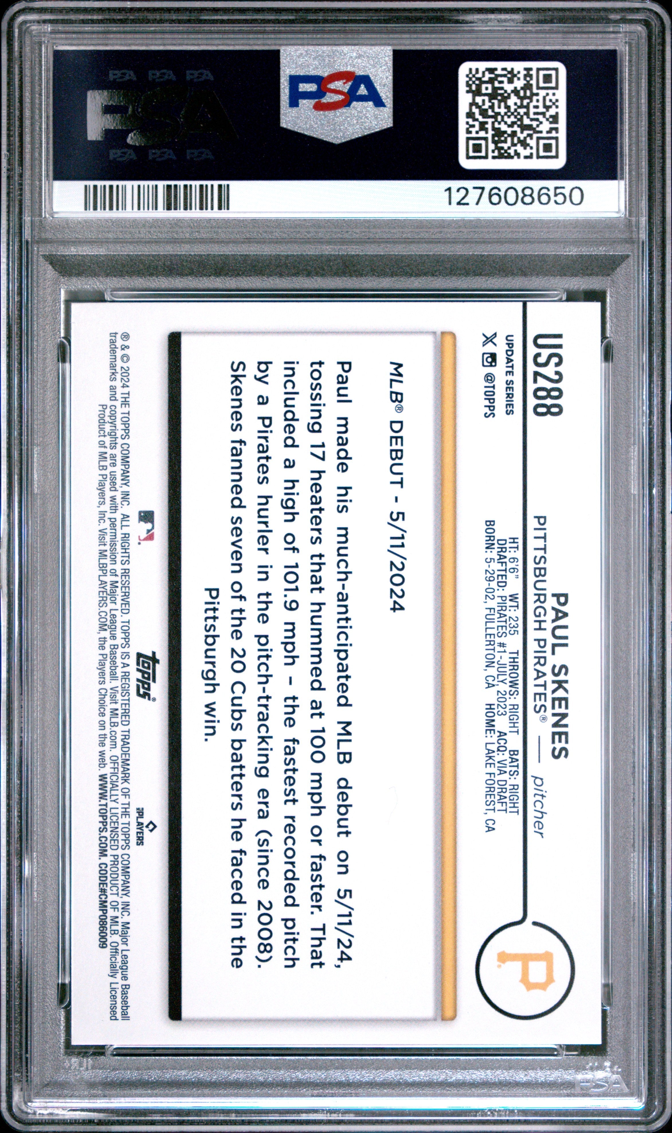 2024 Topps Update Paul Skenes Rookie #US288 PSA 9 MINT Pittsburgh Pirates - Graded Sports Cards