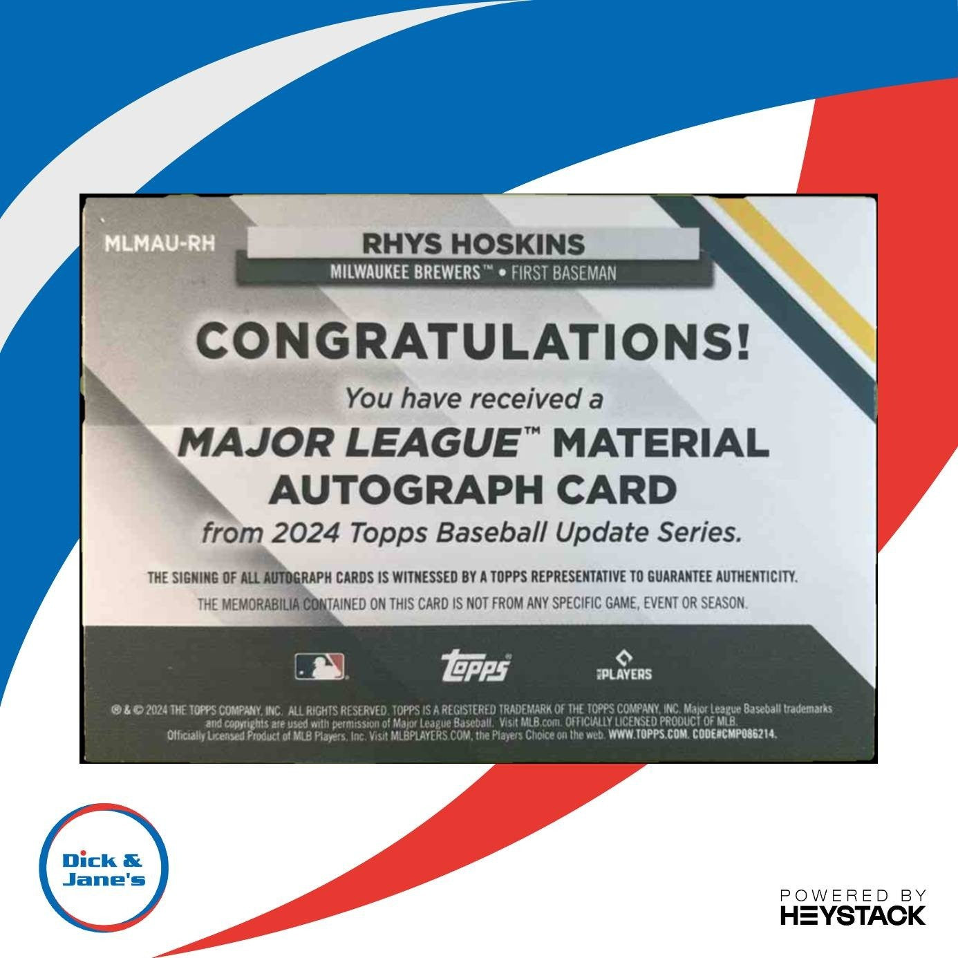 2024 Topps Update Rhys Hoskins Major League Material Auto /50 Milwaukee Brewers - Sports Cards