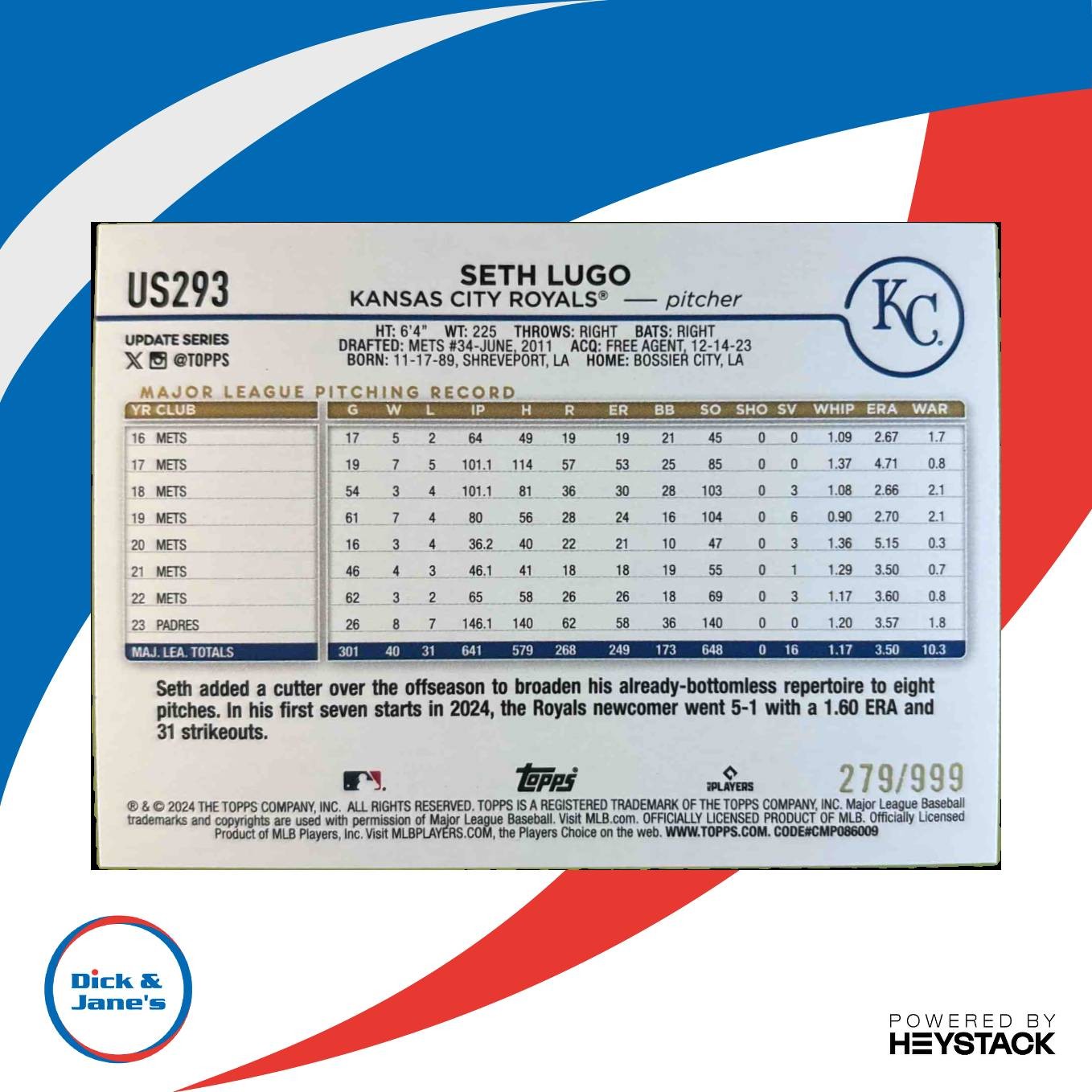 2024 Topps Update Seth Lugo Blue Holofoil 279/999 #US293 Kansas City Royals - Sports Cards
