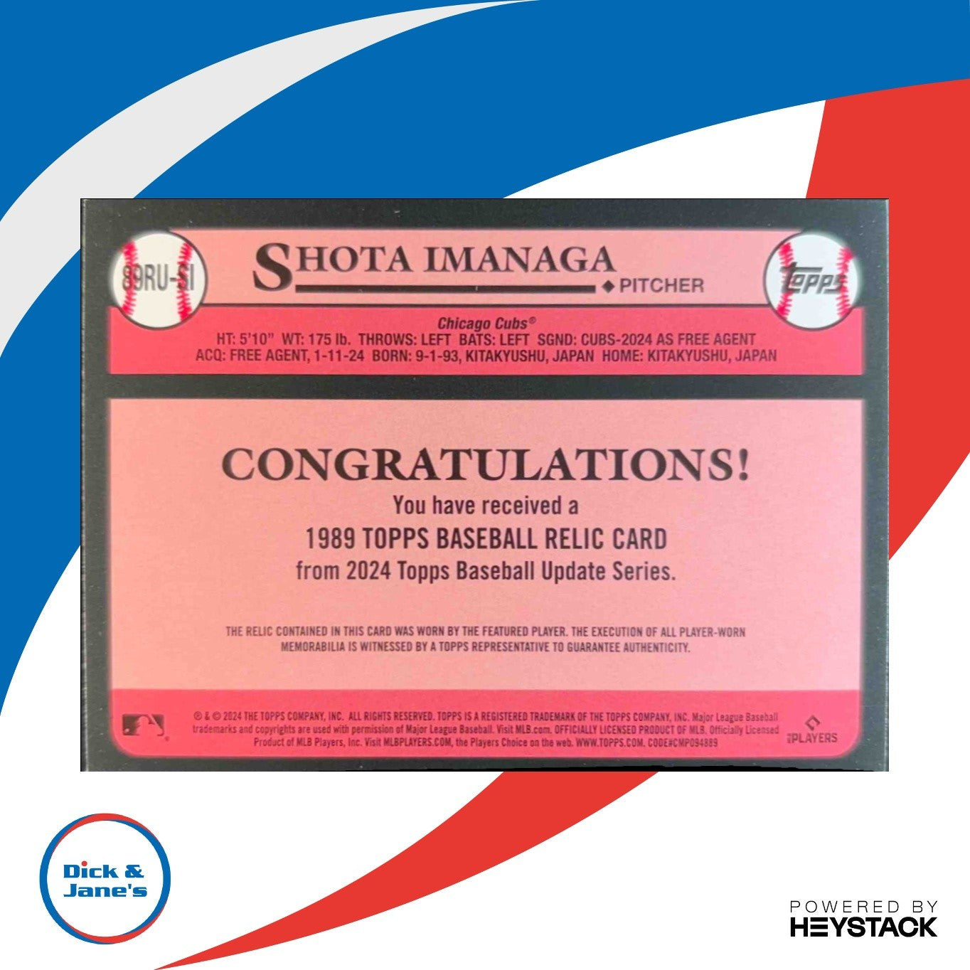 2024 Topps Update Shota Imanaga 1989 Baseball Relics Memorabilia Chicago Cubs - Sports Cards