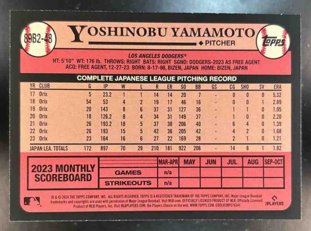 2024 Topps Yoshinobu Yamamoto 1989 Baseball 35th Anniversary RC Dodgers - Sports Cards
