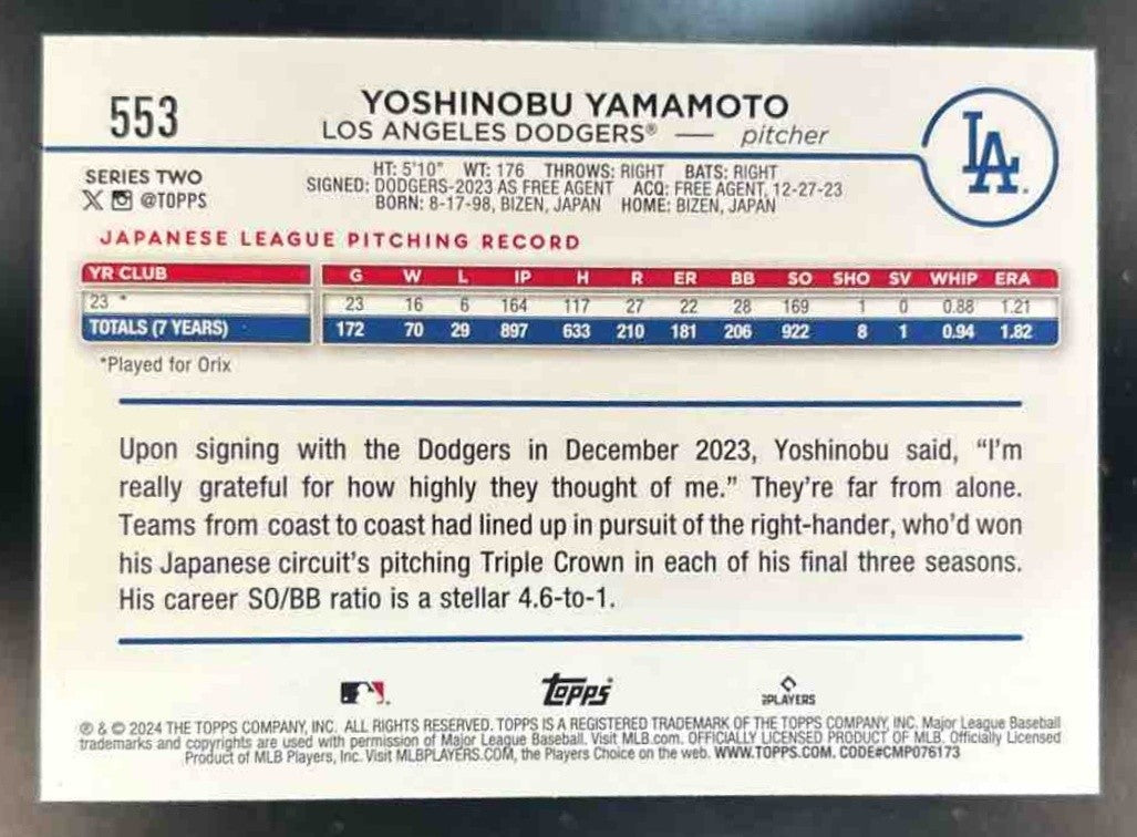 2024 Topps Yoshinobu Yamamoto #553 RC Los Angeles Dodgers - Sports Cards