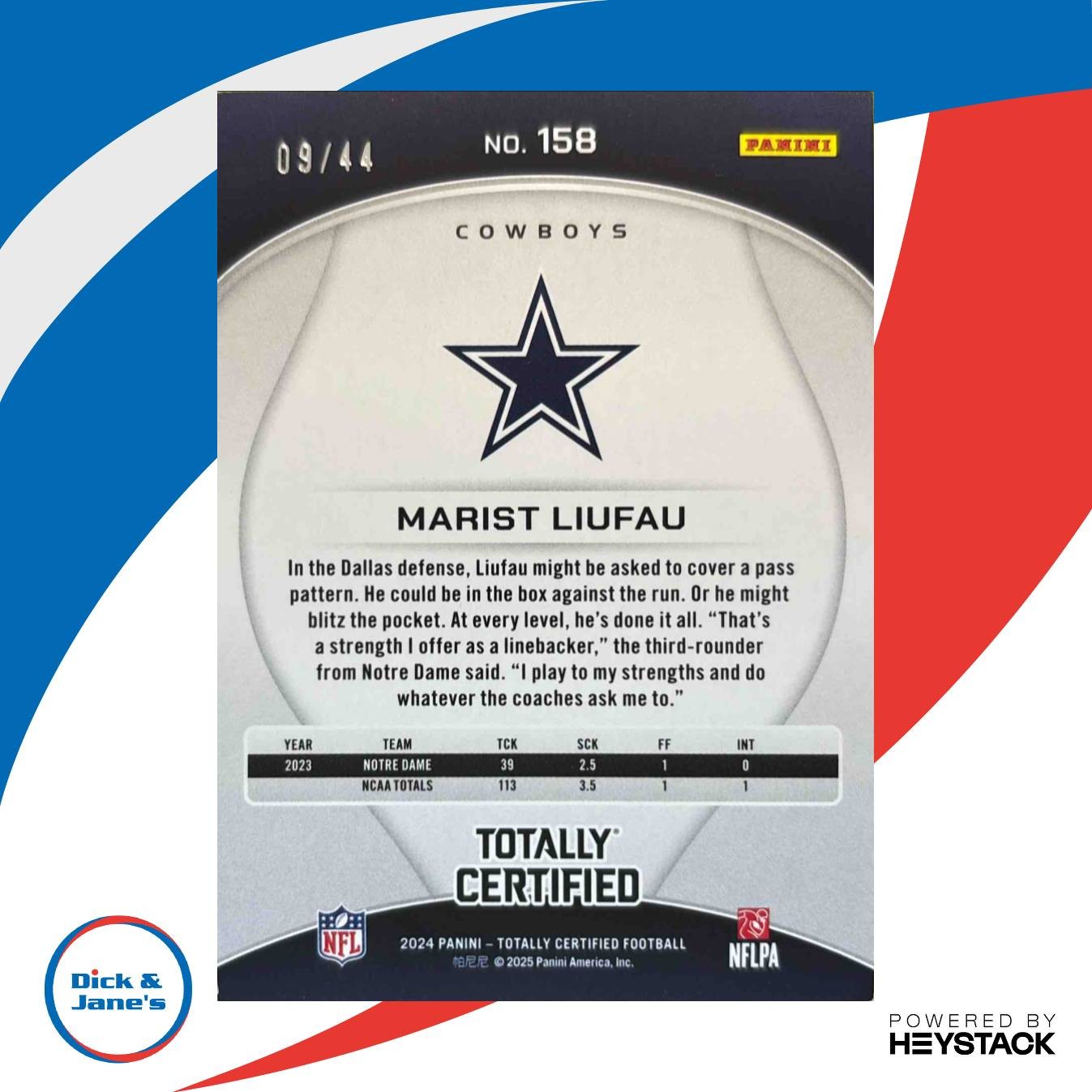 2024 Totally Certified Marist Liufau Rookies Mirror Pink /44 #158 RC Cowboys - Sports Cards