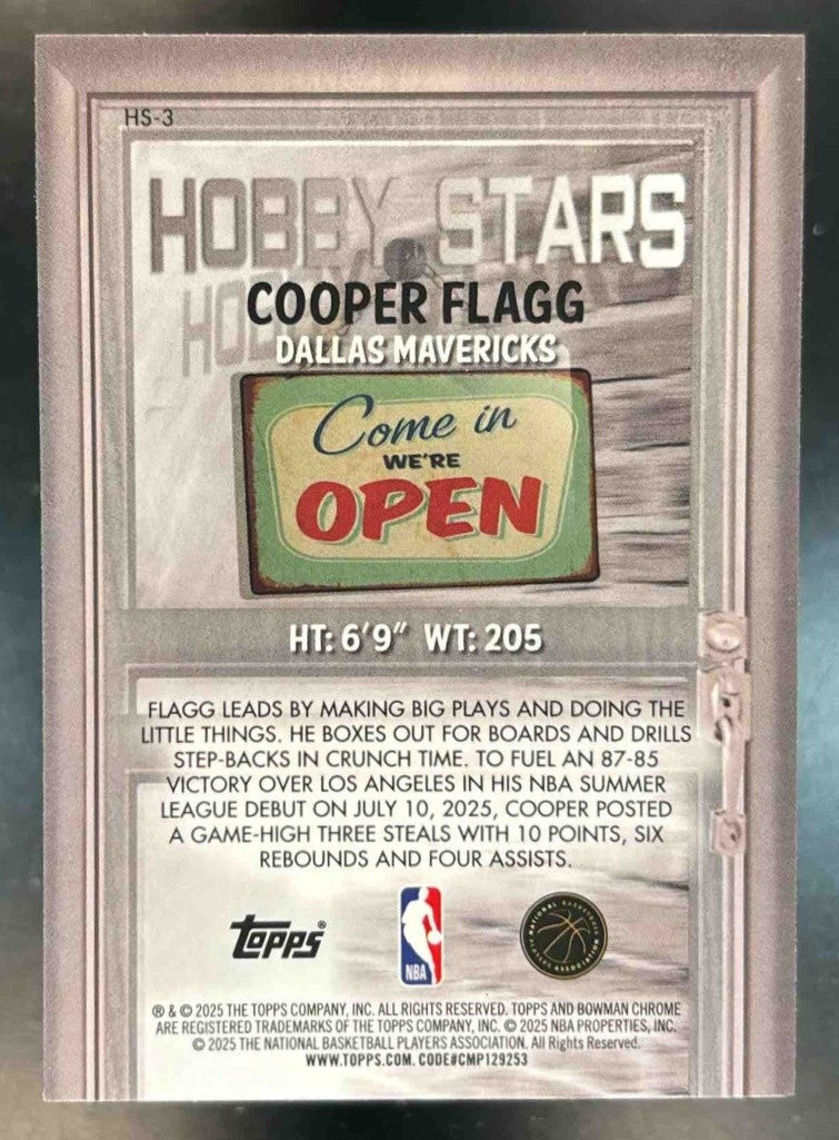 2025-26 Bowman Chrome Cooper Flagg Hobby Stars #HS-3 RC Dallas Mavericks - Sports Cards