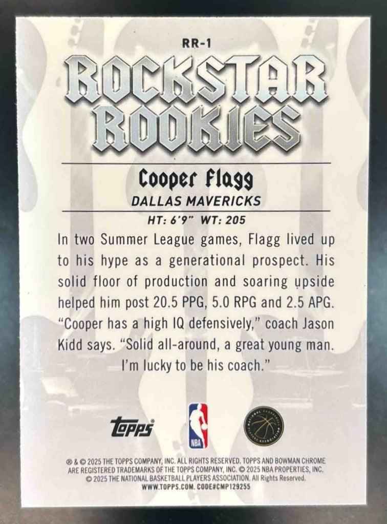 2025-26 Bowman Chrome Cooper Flagg Rockstar Rookies #RR-1 RC Dallas Mavericks - Sports Cards