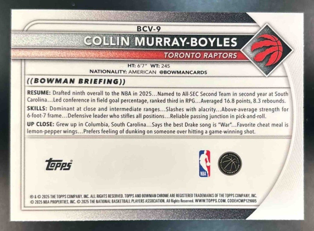 2025-26 Bowman Collin Murray-Boyles Chrome Reptilian Green /99 RC Toronto Raptor - Sports Cards
