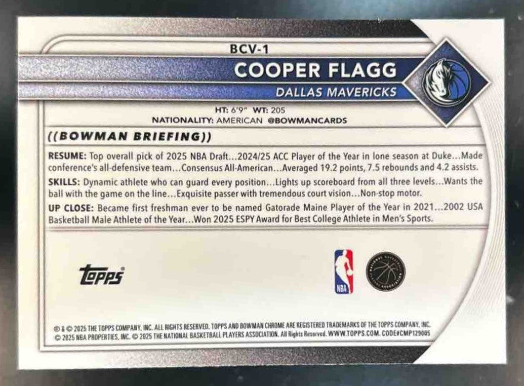 2025-26 Bowman Cooper Flagg Chrome #BCV-1 RC Dallas Mavericks - Sports Cards