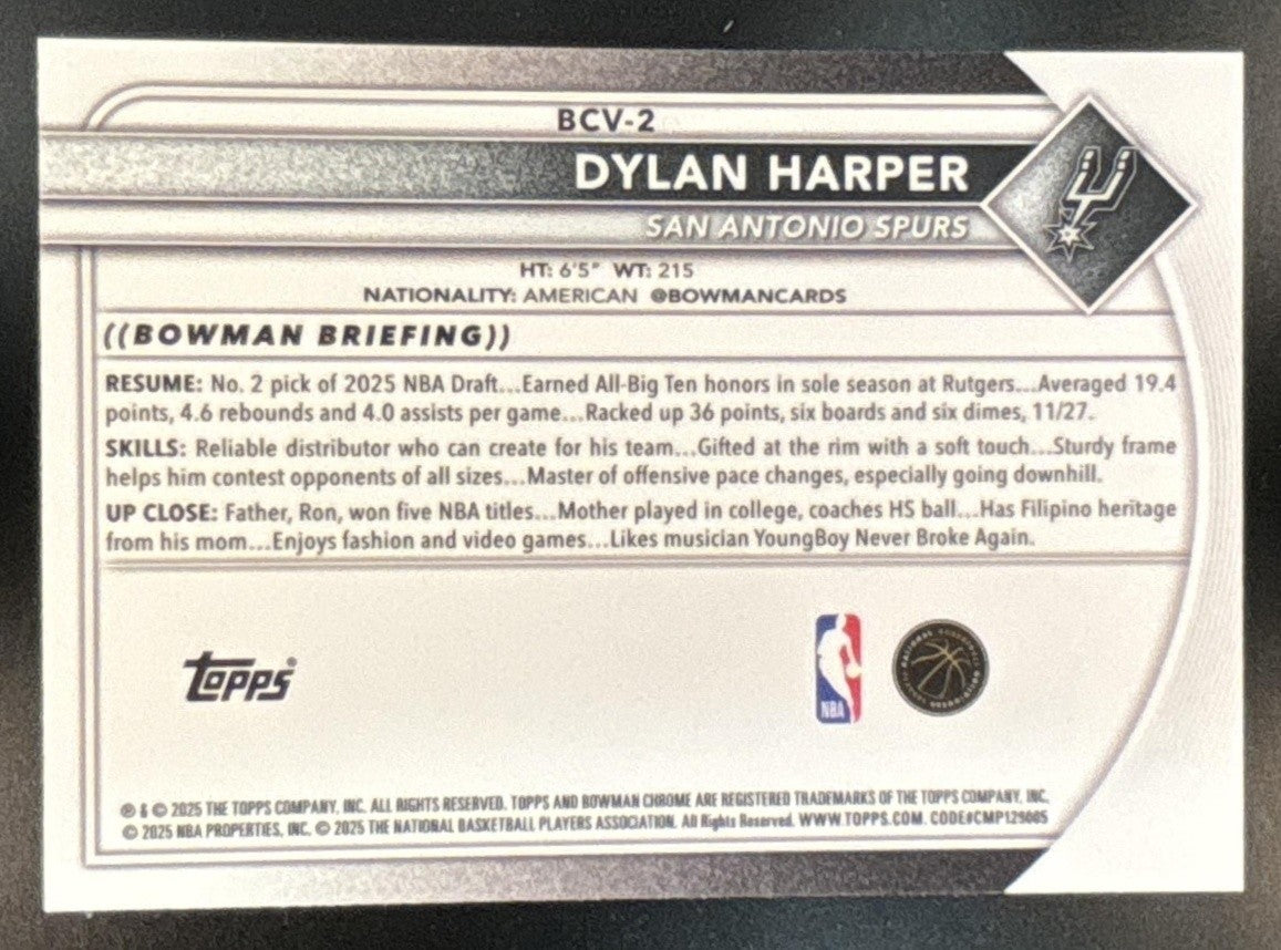 2025-26 Bowman Dylan Harper Chrome Mojo Refractor #BCV-2 RC San Antonio Spurs - Sports Cards