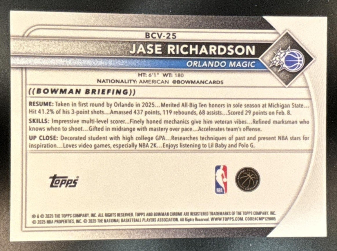2025-26 Bowman Jase Richardson Chrome Red Mojo 5/5 #BCV-25 RC Orlando Magic - Sports Cards