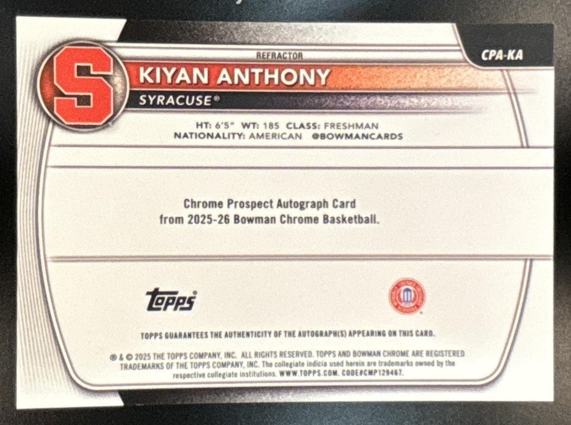 2025-26 Bowman Kiyan Anthony Chrome Auto Refractor /499 1st Prospect Syracuse - Sports Cards