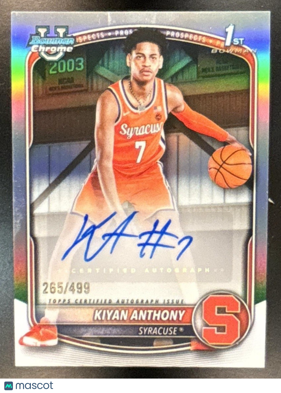 2025-26 Bowman Kiyan Anthony Chrome Auto Refractor /499 1st Prospect Syracuse - Sports Cards