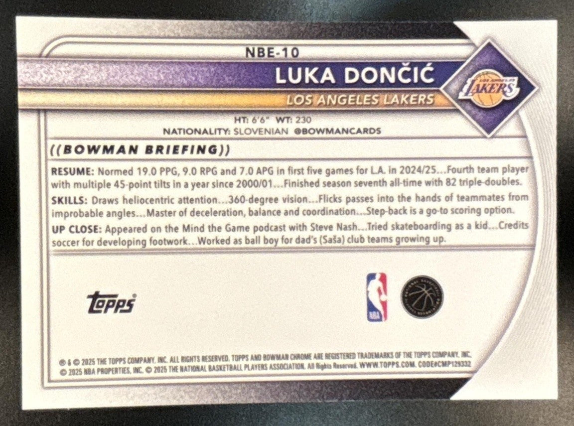 2025-26 Bowman Luka Doncic Chrome Etched In Glass Variation #NBE-10 SP Lakers - Sports Cards