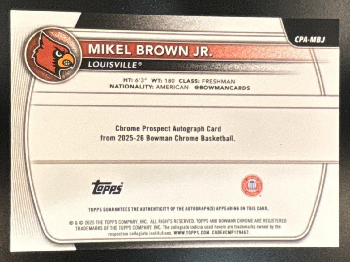 2025-26 Bowman Mikel Brown Jr. Chrome Auto #CPA-MBJ 1st Prospect Cardinals - Sports Cards