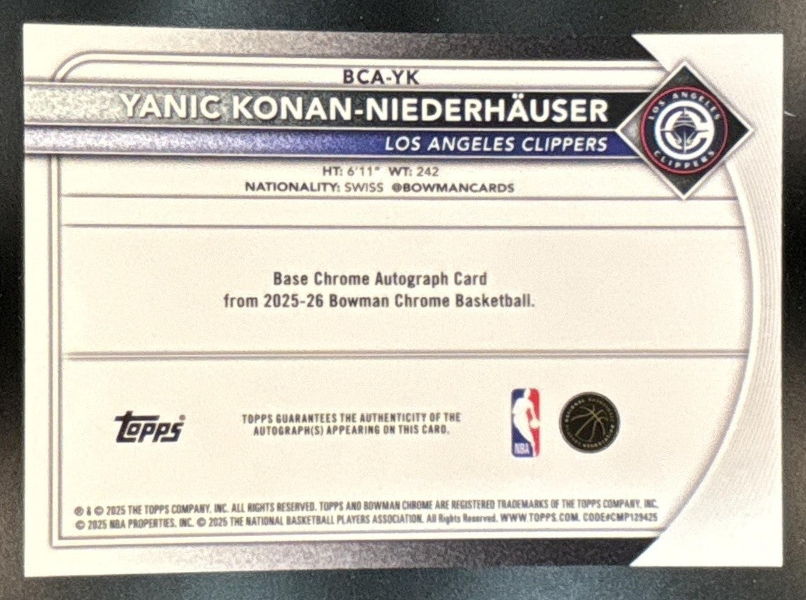 2025-26 Bowman Yanic Konan-Niederhauser Chrome Auto Orange /25 RC Clippers - Sports Cards