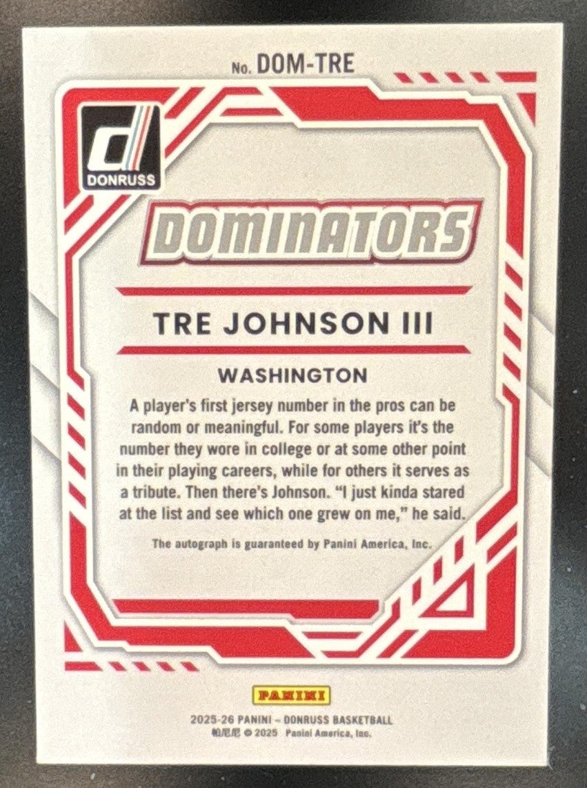 2025-26 Panini Donruss Tre Johnson III Dominators Auto 1/49 #5 RC Wizards - Sports Cards