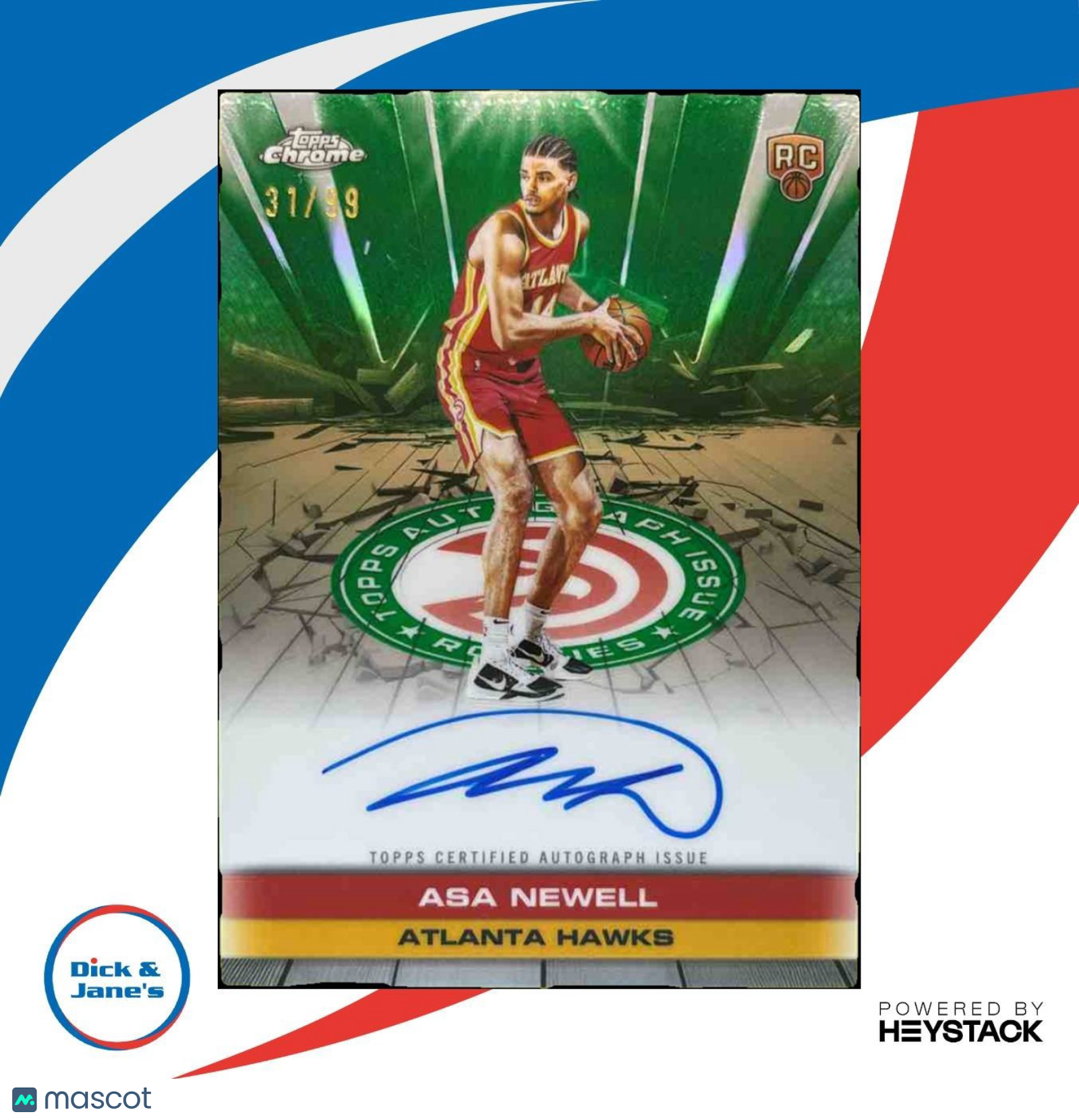 2025-26 Topps Chrome Asa Newell Certified Auto Issue Green /99 RC Atlanta Hawks - Sports Cards