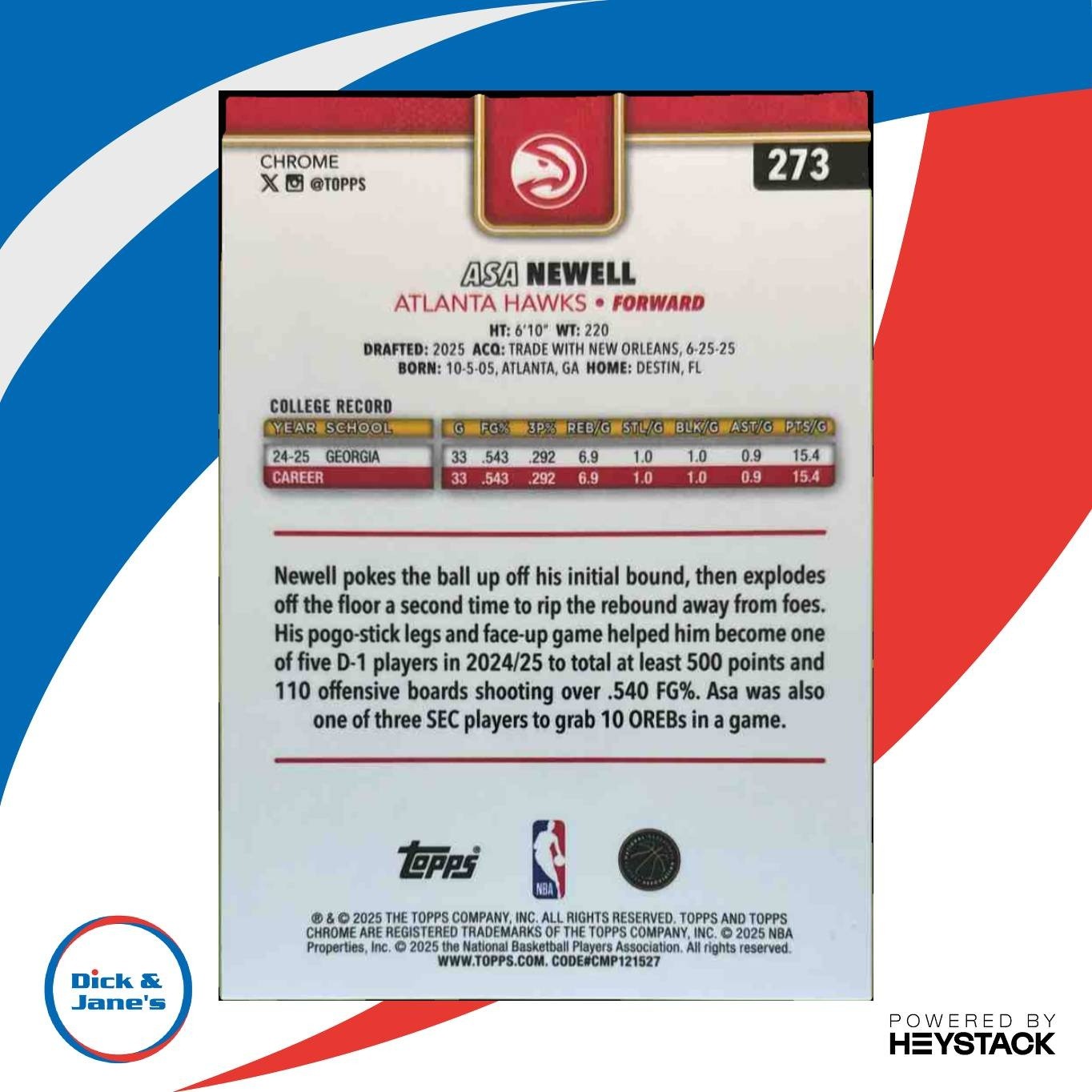 2025-26 Topps Chrome Asa Newell Negative Refractor #273 RC Atlanta Hawks - Sports Cards