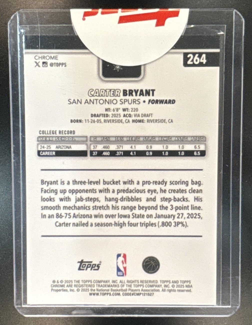 2025-26 Topps Chrome Carter Bryant Blue X-Fractor #264 RC San Antonio Spurs - Sports Cards