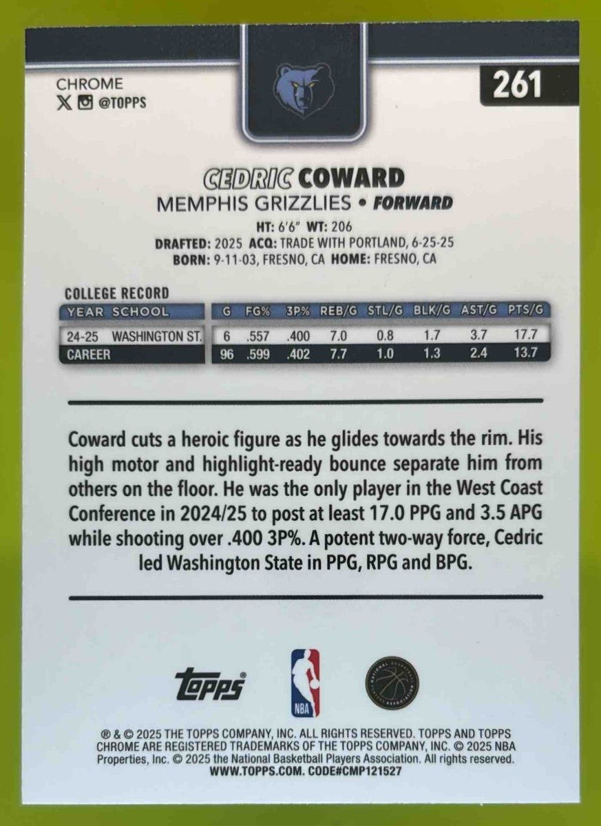 2025-26 Topps Chrome Cedric Coward Prism Refractor #261 RC Memphis Grizzlies - Sports Cards