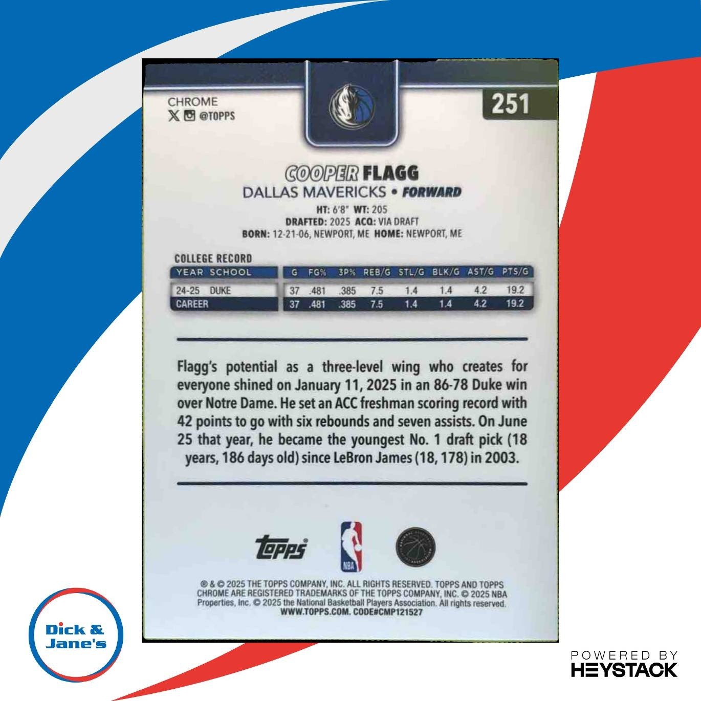 2025-26 Topps Chrome Cooper Flagg Card #251 RC Dallas Mavericks - Sports Cards
