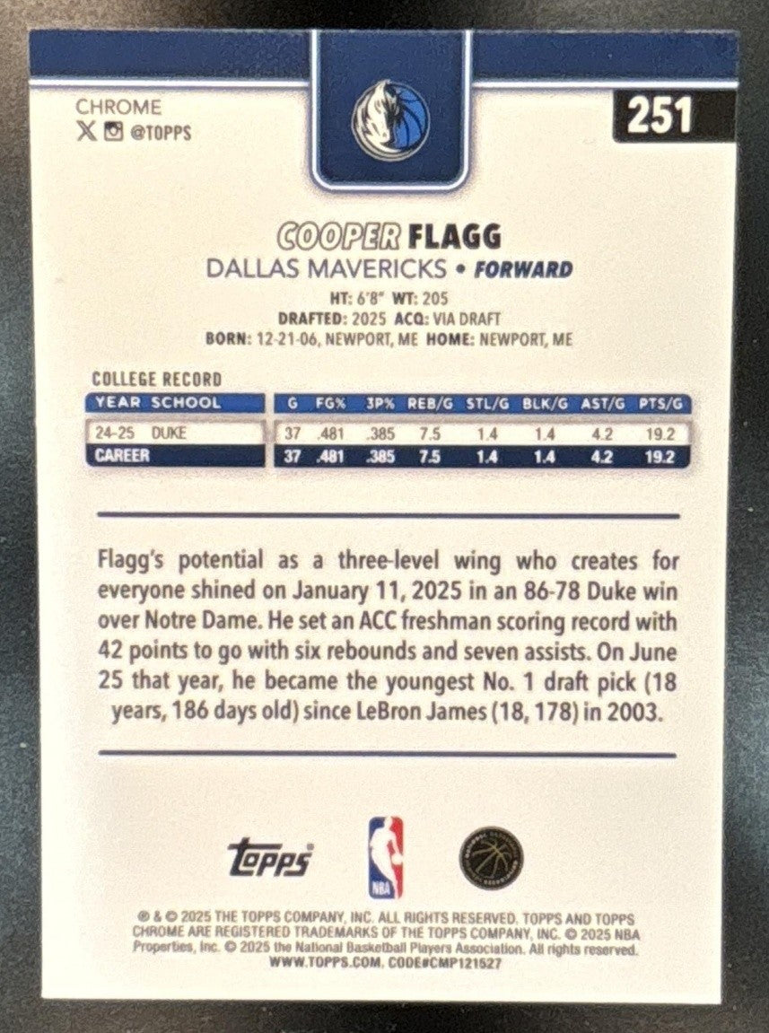 2025-26 Topps Chrome Cooper Flagg Red White & Blue #251 RC Dallas Mavericks - Sports Cards