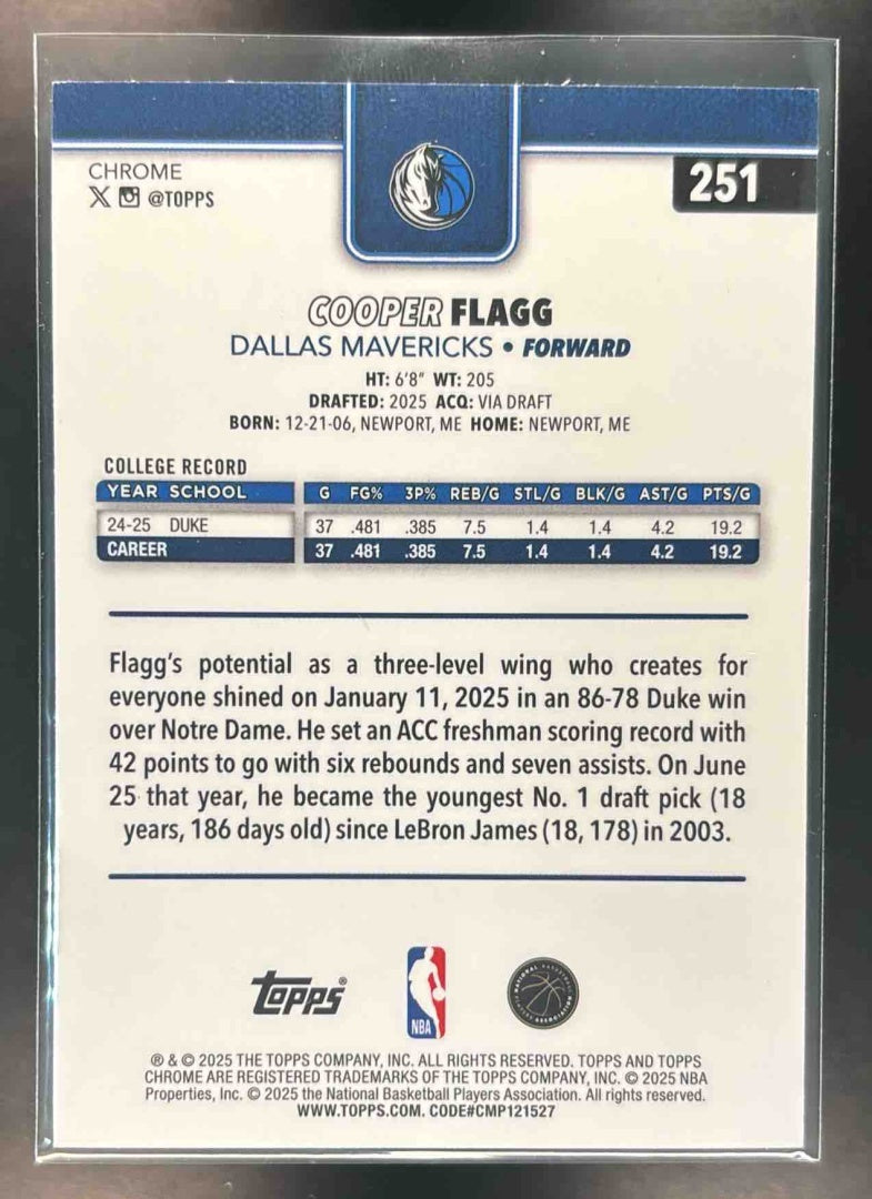 2025-26 Topps Chrome Cooper Flagg Teal Refractor 37/299 #251 RC Dallas Mavericks - Sports Cards