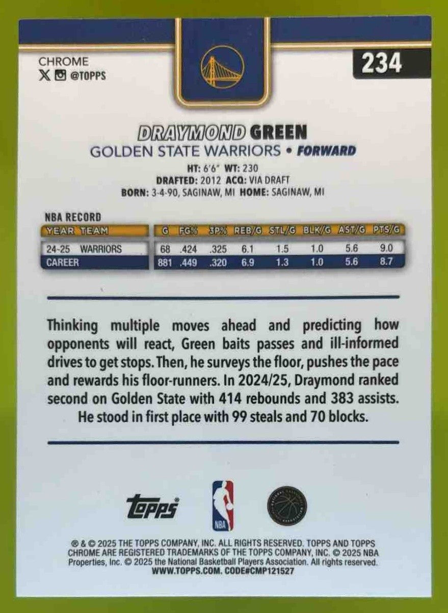 2025-26 Topps Chrome Draymond Green Magenta /399 #234 Golden State Warriors - Sports Cards