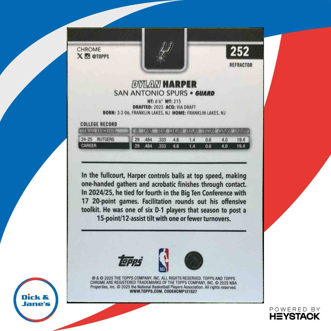 2025-26 Topps Chrome Dylan Harper Refractor #252 RC Spurs - Sports Cards