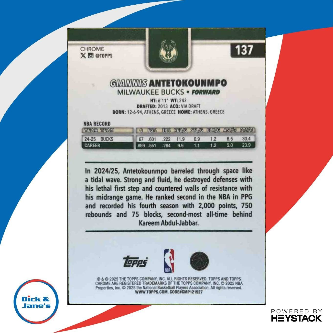 2025-26 Topps Chrome Giannis Antetokounmpo Green Wave /99 #137 Milwaukee Bucks - Sports Cards