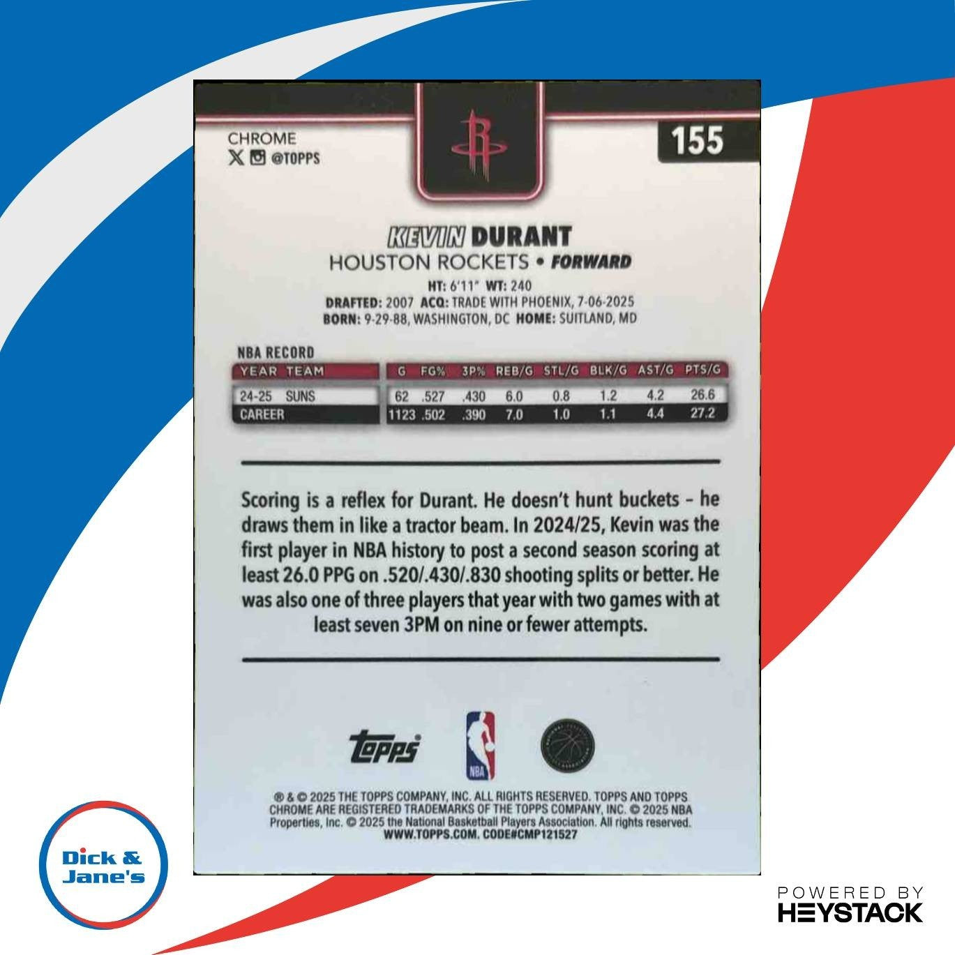 2025-26 Topps Chrome Kevin Durant Yellow Refractor 23/275 #155 Houston Rockets - Sports Cards