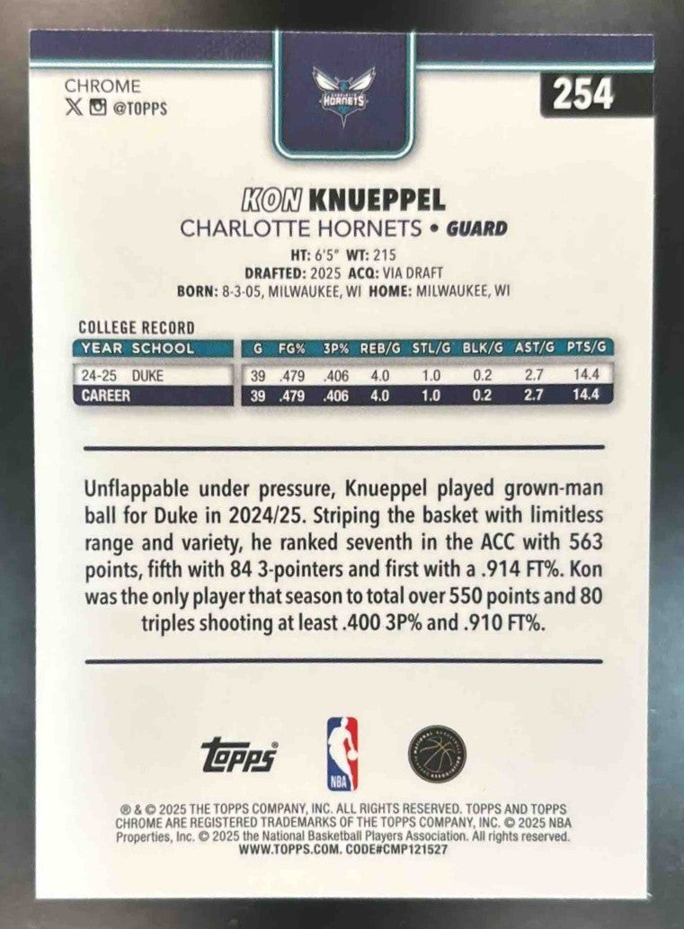 2025-26 Topps Chrome Kon Knueppel #254 RC Charlotte Hornets - Sports Cards