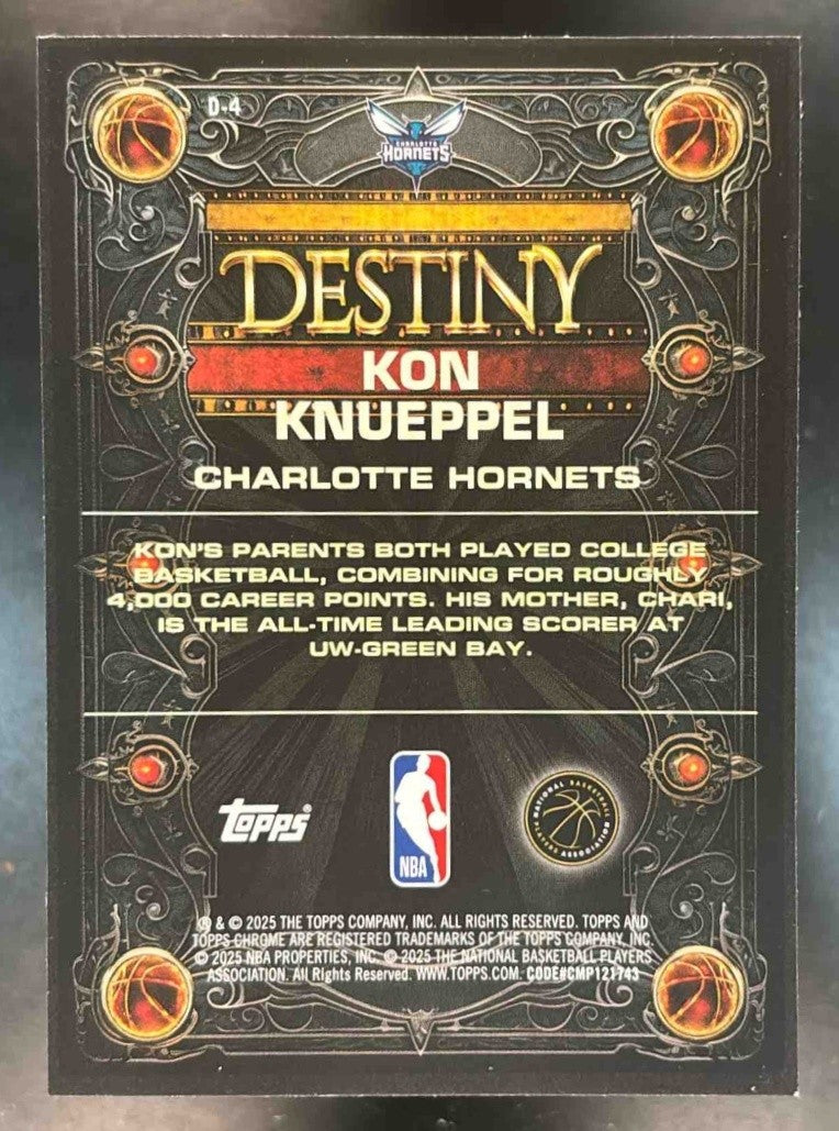 2025-26 Topps Chrome Kon Knueppel Destiny Purple /75 #D-4 RC Charlotte Hornets - Sports Cards