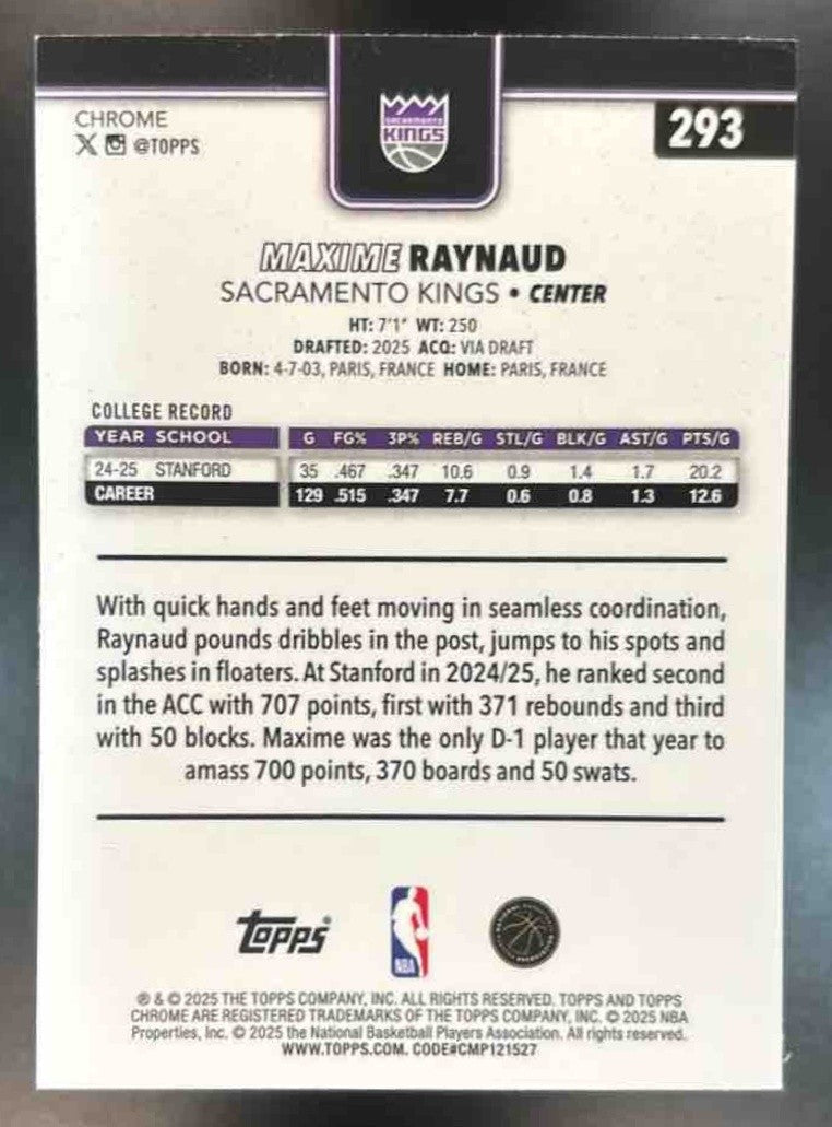 2025-26 Topps Chrome Maxime Raynaud Basketball #293 RC Sacramento Kings - Sports Cards