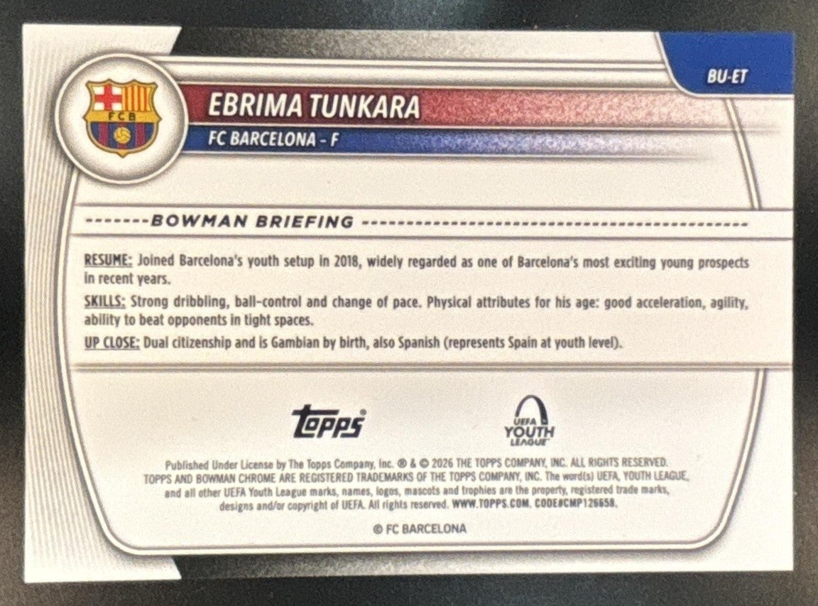 2025-26 Topps Chrome UEFA CC Ebrima Tunkara Bowman Youth League Aqua /199 - Sports Cards