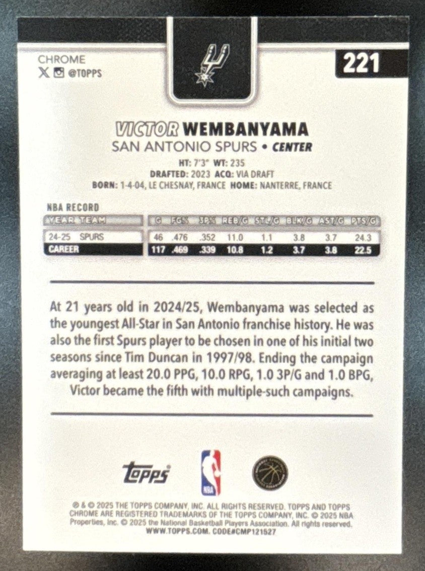 2025-26 Topps Chrome Victor Wembanyama X-Fractor #221 Spurs - Sports Cards