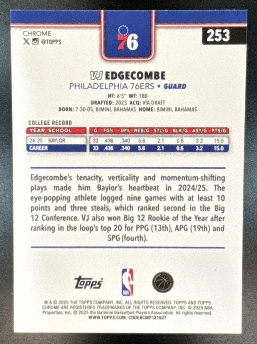 2025-26 Topps Chrome VJ Edgecombe X-Fractor #253 RC Philadelphia 76ers - Sports Cards