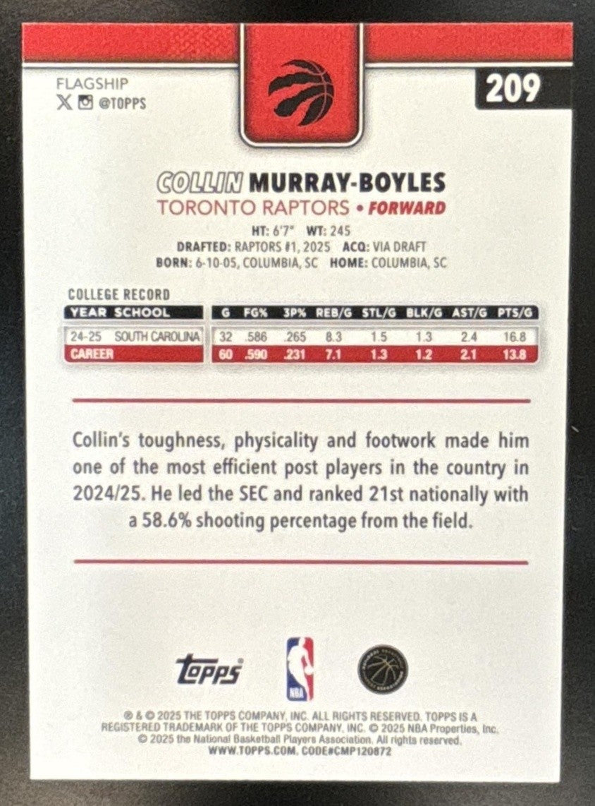 2025-26 Topps Collin Murray-Boyles Purple Rainbow /250 #209 RC Toronto Raptors - Sports Cards