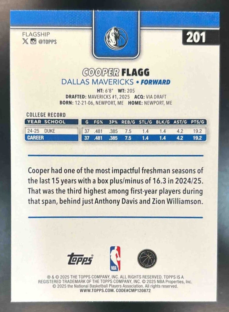 2025-26 Topps Cooper Flagg #201 RC Dallas Mavericks - Sports Cards