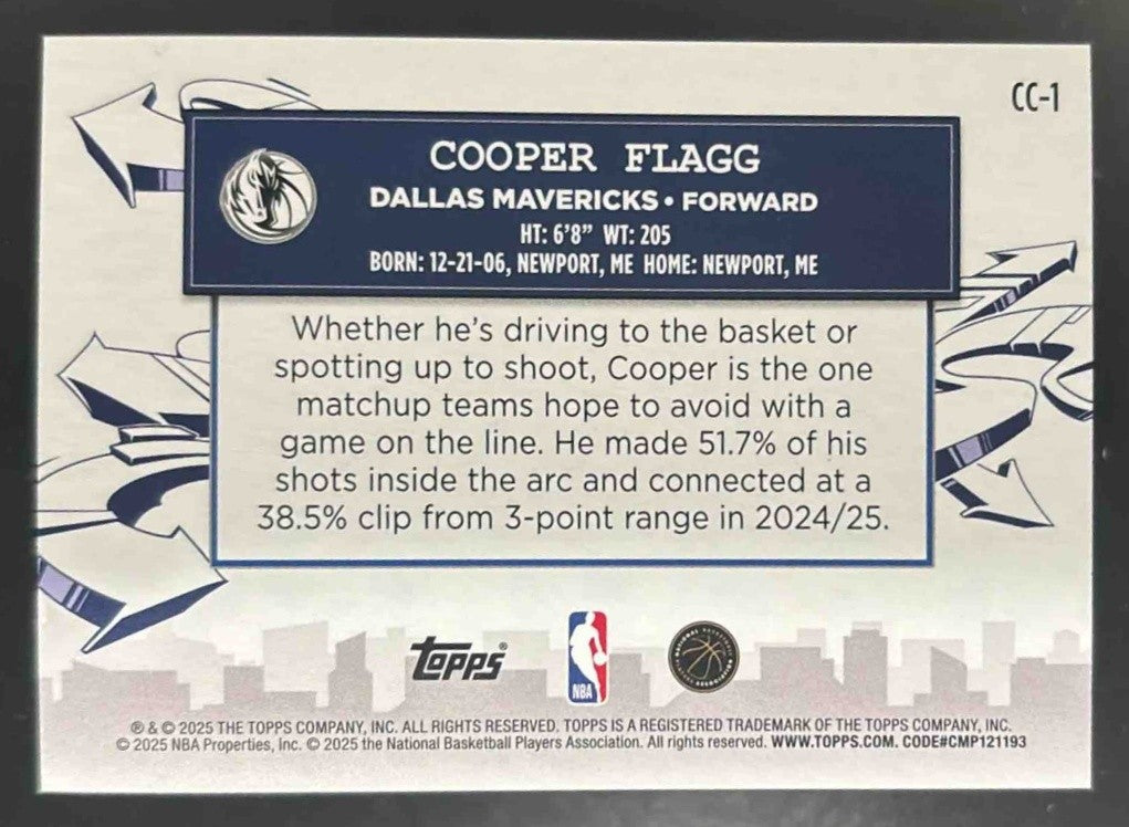 2025-26 Topps Cooper Flagg Clutch City Prospects CC1 RC Dallas Mavericks - Sports Cards